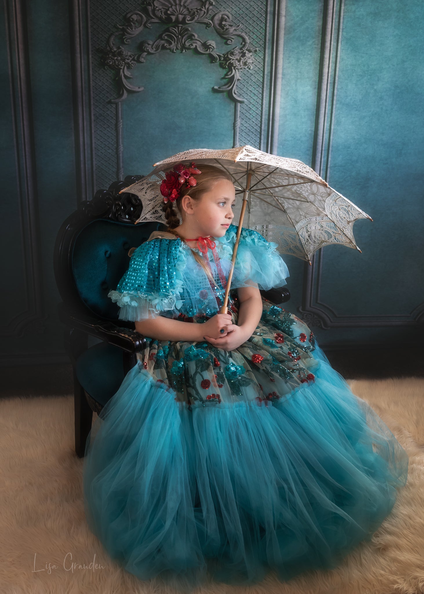 Kate Turquoise Ornate Wall Backdrop for Photography Designed by Lisa Granden -UK