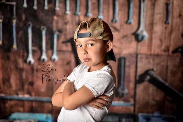 Kate Tool shelf against a table vintage garage backdrop for boy/Father's Day