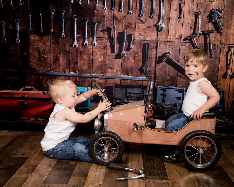 Kate Tool shelf against a table vintage garage backdrop for boy/Father's Day