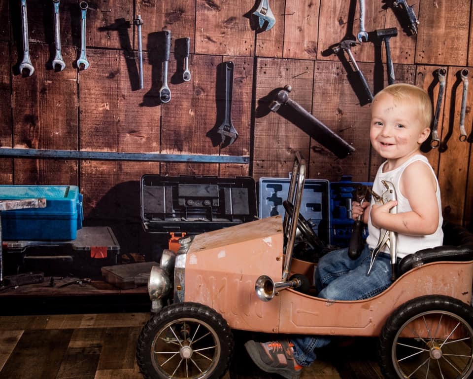 Kate Tool shelf against a table vintage garage backdrop for boy/Father's Day
