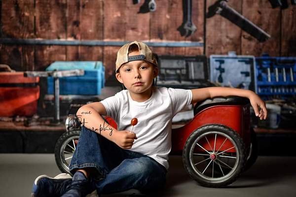 Kate Tool shelf against a table vintage garage backdrop for boy/Father's Day