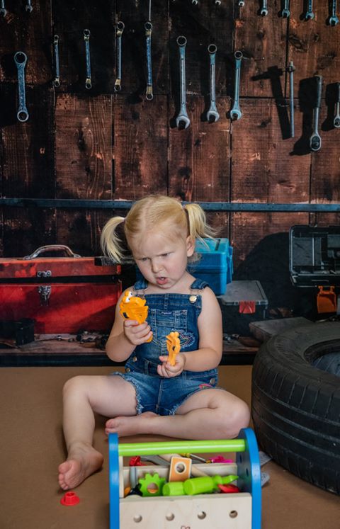 Kate Tool shelf against a table vintage garage backdrop for boy/Father's Day