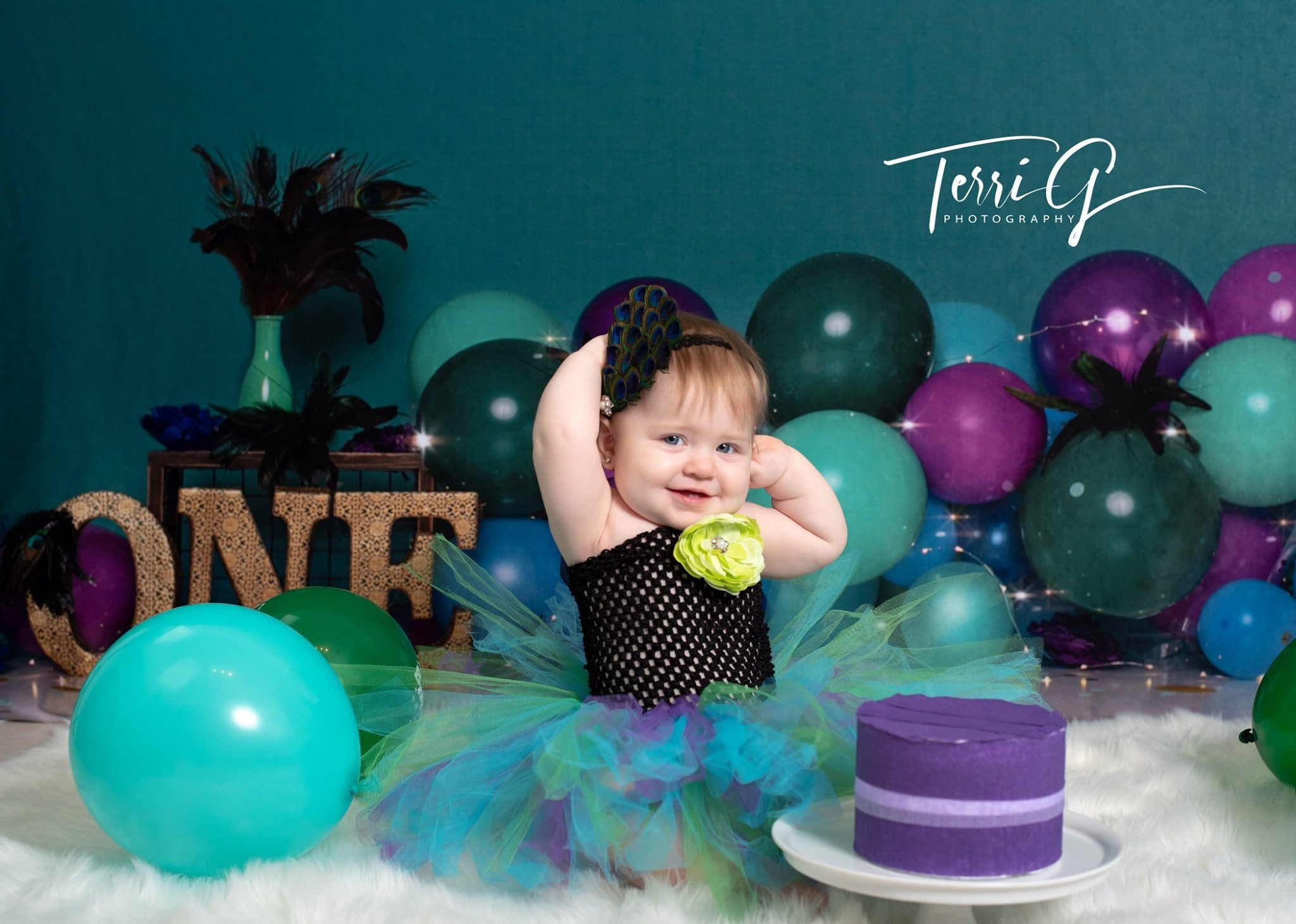 Kate Pine Green Peacock Balloons 1st Birthday Backdrop Designed by Cassie Christiansen