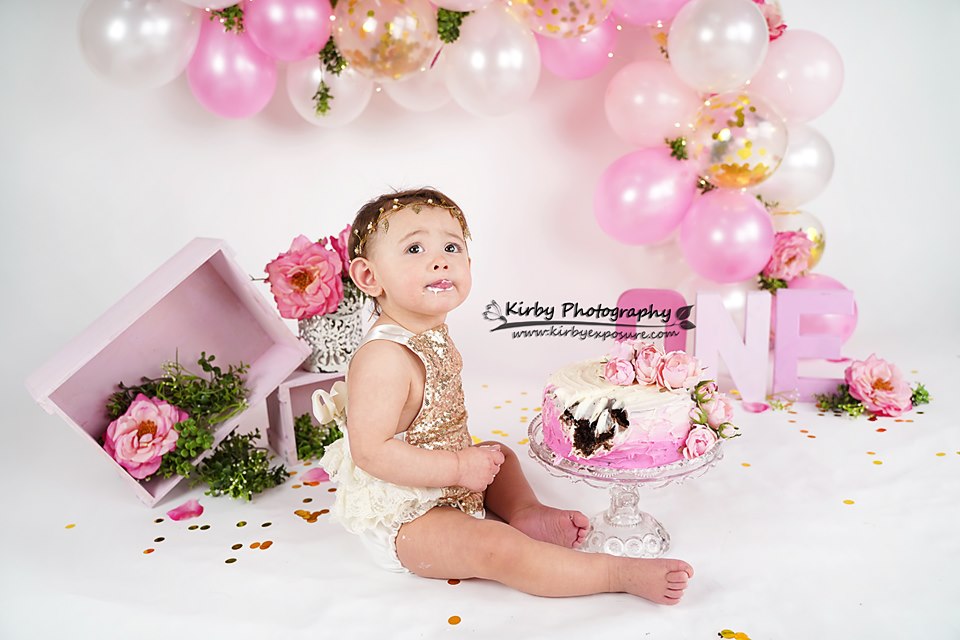 Kate 1st Birthday Pink Balloon and Gardenias Backdrop Designed By Arica Kirby