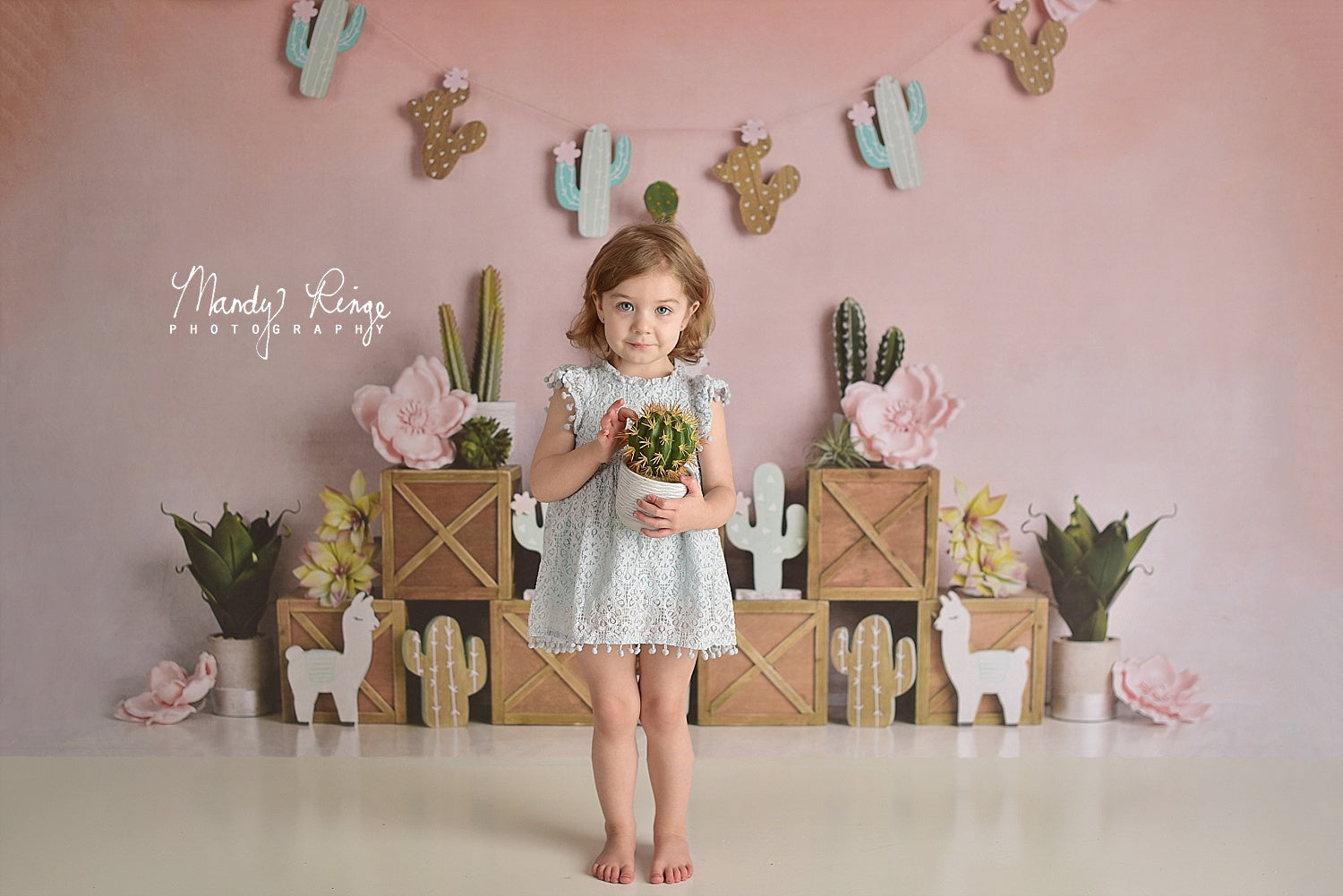 Kate Pastel Llamas with Cactus Pink Summer Backdrop Designed By Mandy Ringe Photography