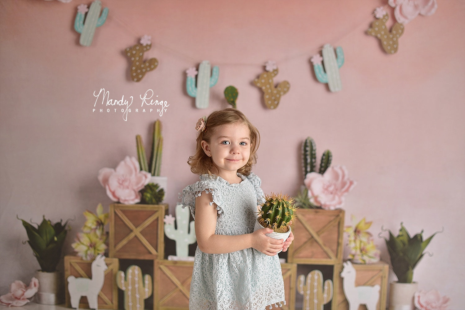Kate Pastel Llamas with Cactus Pink Summer Backdrop Designed By Mandy Ringe Photography
