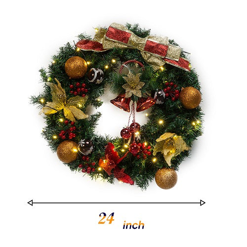 Kate 24 Inch Christmas Wreaths with LED Light Craft Bow Flower Bells Outdoor for Front Door