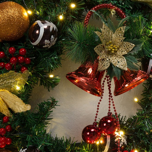 Kate 24 Inch Christmas Wreaths with LED Light Craft Bow Flower Bells Outdoor for Front Door