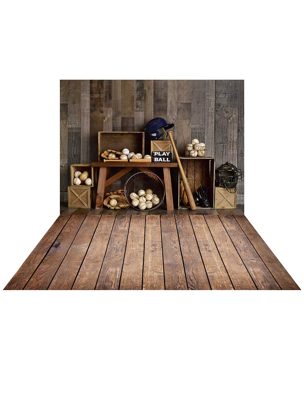 Kate Vintage Baseball Sports Backdrop + Dark Brown Wood Rubber Floor Mat