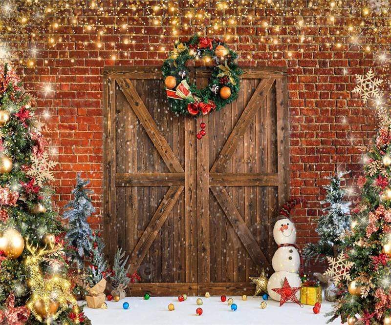 Kate Christmas Barn Door Brick Snowman Backdrop for Photography