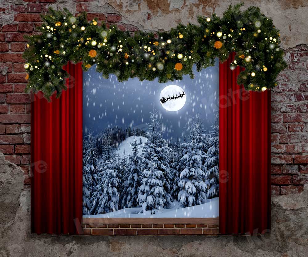 Kate Christmas Window Backdrop Santa and Sleigh for Photography