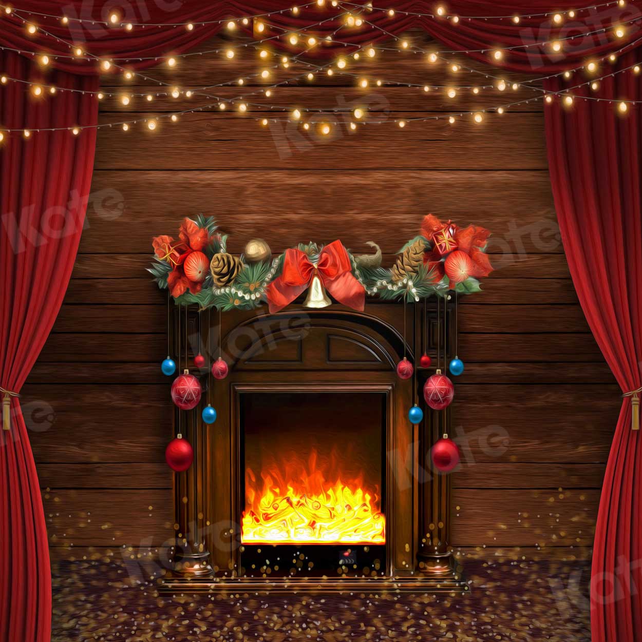 Kate Christmas Fireplace Wooden Backdrop for Photography