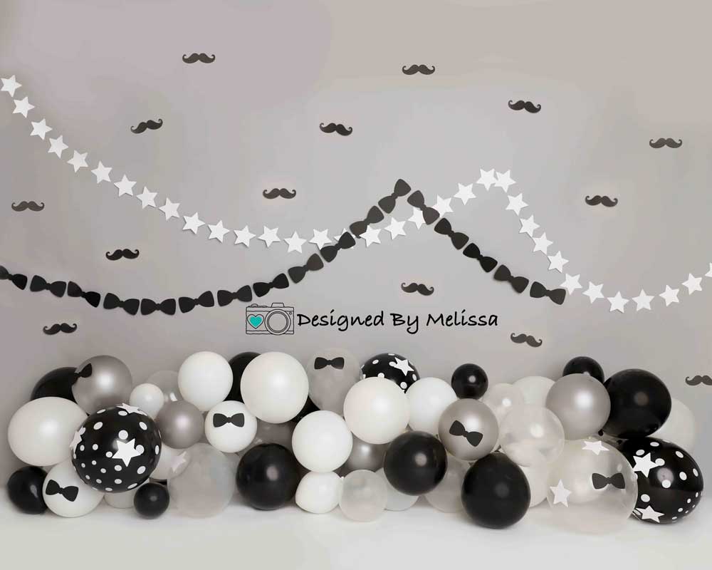 Kate Tie Moustache Birthday Backdrop Black&White Designed by Melissa King -UK