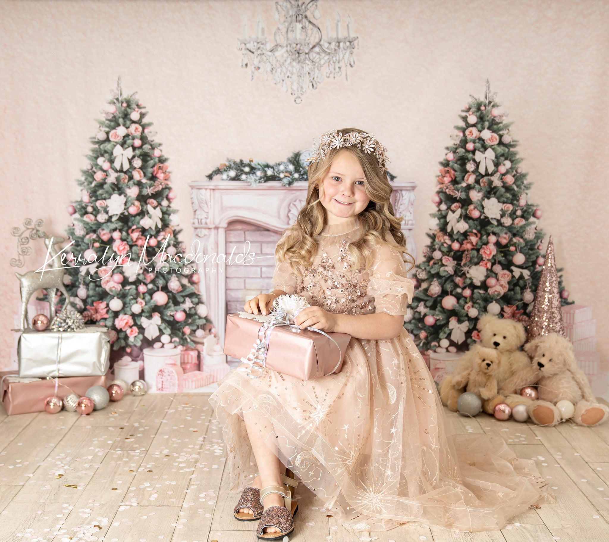 Kate Christmas Trees Backdrop Fireplace Pink Wall for Photography