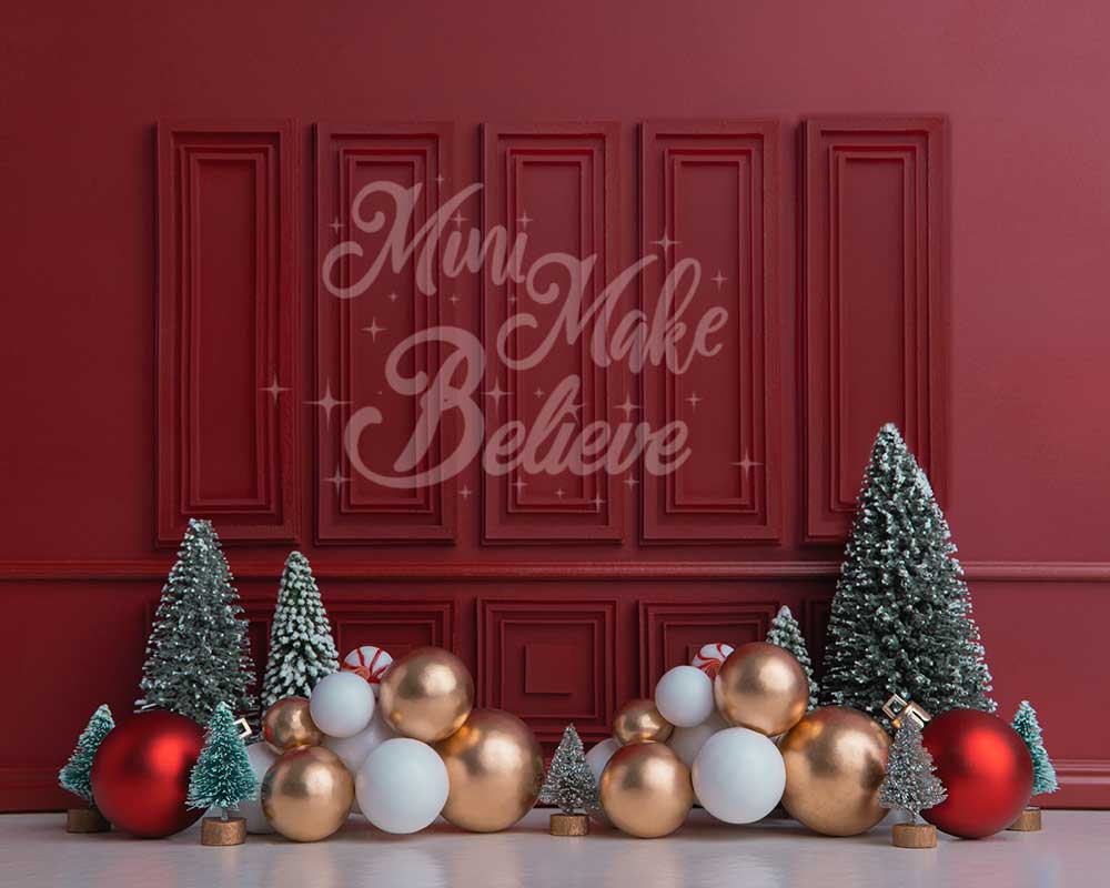 Kate Christmas Holiday Red Wall Trees Backdrop Designed by Mini MakeBelieve