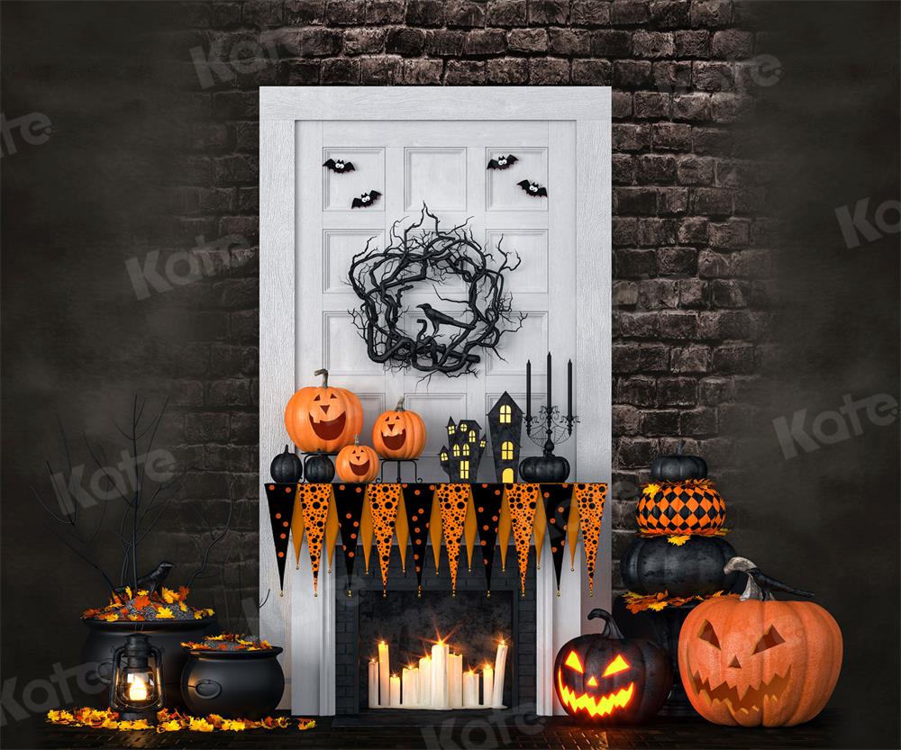 Kate Autumn Halloween White Door Pumpkin Backdrop for Photography