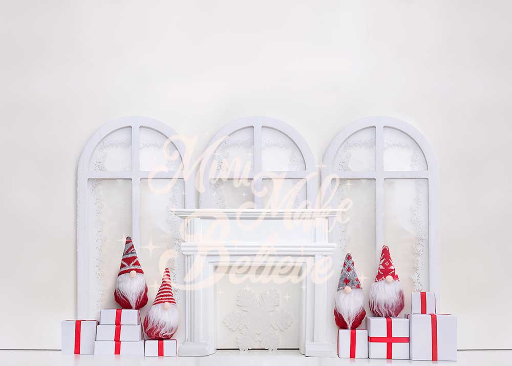 Kate White Christmas Holiday Gnomes Fireplace Backdrop Designed by Mini MakeBelieve