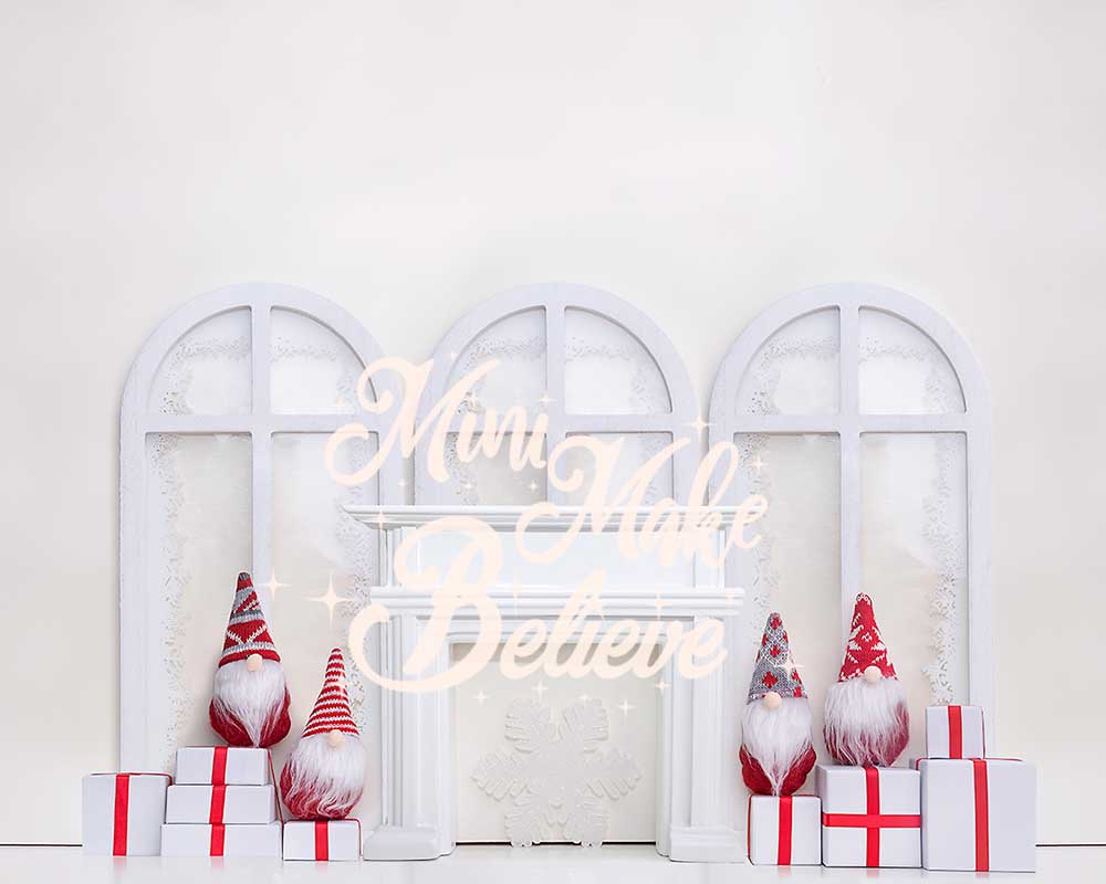 Kate White Christmas Holiday Gnomes Fireplace Backdrop Designed by Mini MakeBelieve