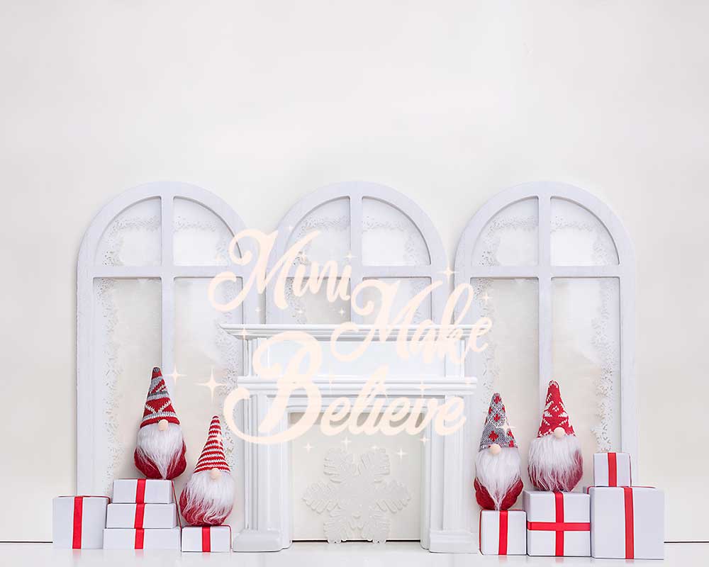 Kate White Christmas Holiday Gnomes Fireplace Backdrop Designed by Mini MakeBelieve -UK