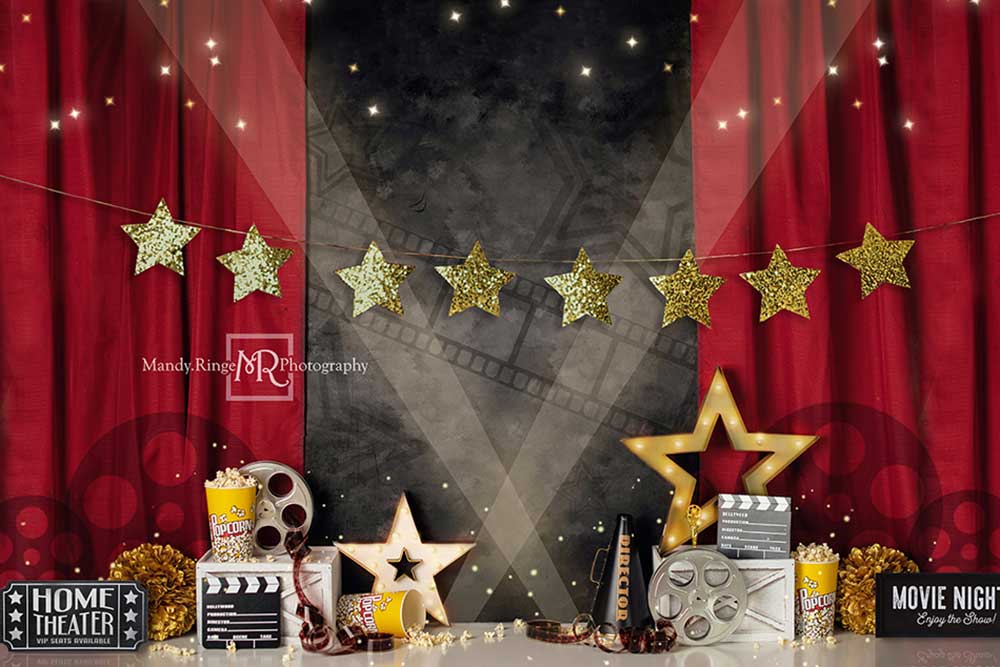 Kate Children Movie Night with Red Curtain Backdrop Designed by Mandy Ringe Photography