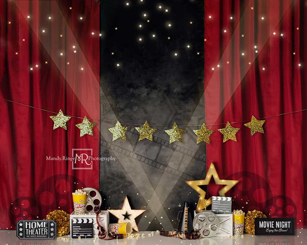 Kate Children Movie Night with Red Curtain Backdrop Designed by Mandy Ringe Photography