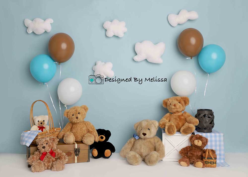 Kate Blue Teddy Bear Birthday Picnic Children Backdrop Designed by Melissa King