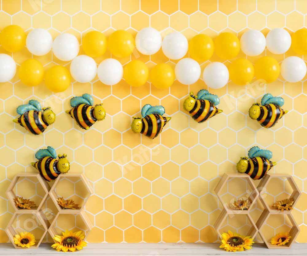 Kate Bee Balloon Yellow Honeycomb Cake Smash Backdrop Designed by Emetselch