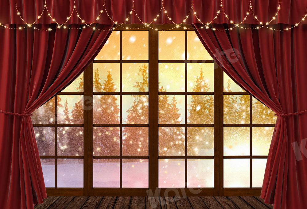 Kate Red Curtain Window Winter Snow Backdrop Designed by Chain Photography -UK