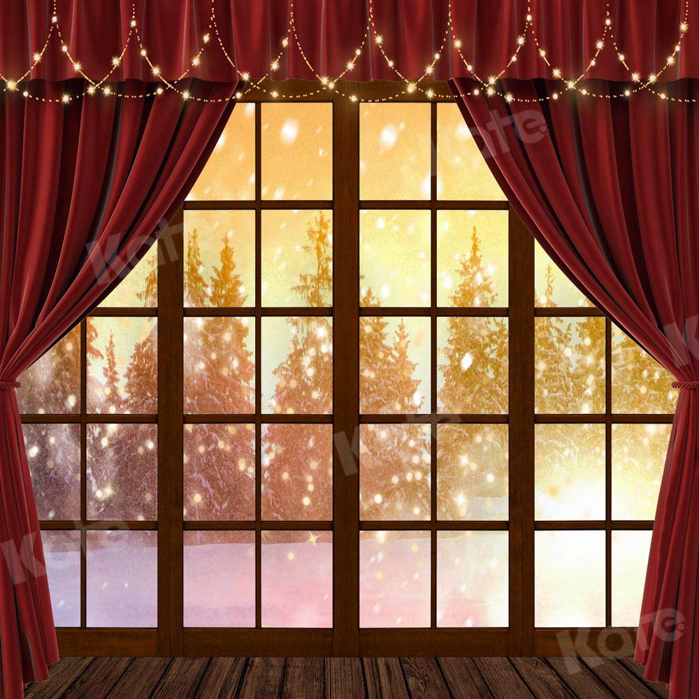 Kate Red Curtain Window Winter Snow Backdrop Designed by Chain Photography -UK