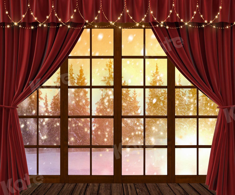 Kate Red Curtain Window Winter Snow Backdrop Designed by Chain Photography