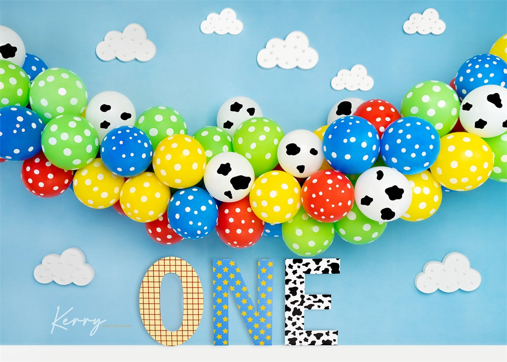 Kate 1st Birthday Toy Story Balloons Backdrop Designed by Kerry Anderson