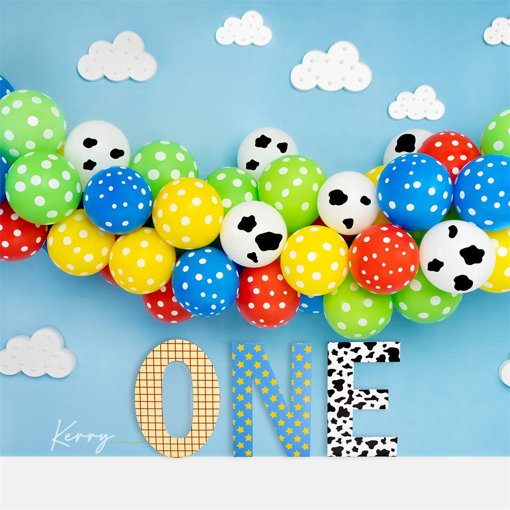 Kate 1st Birthday Toy Story Balloons Backdrop Designed by Kerry Anderson