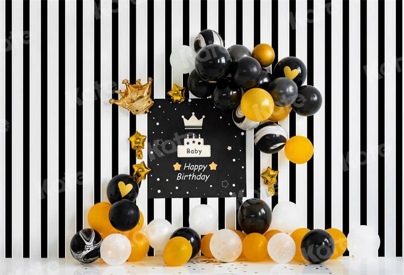 Kate Birthday Black Yellow Balloons Stripe Backdrop for Photography