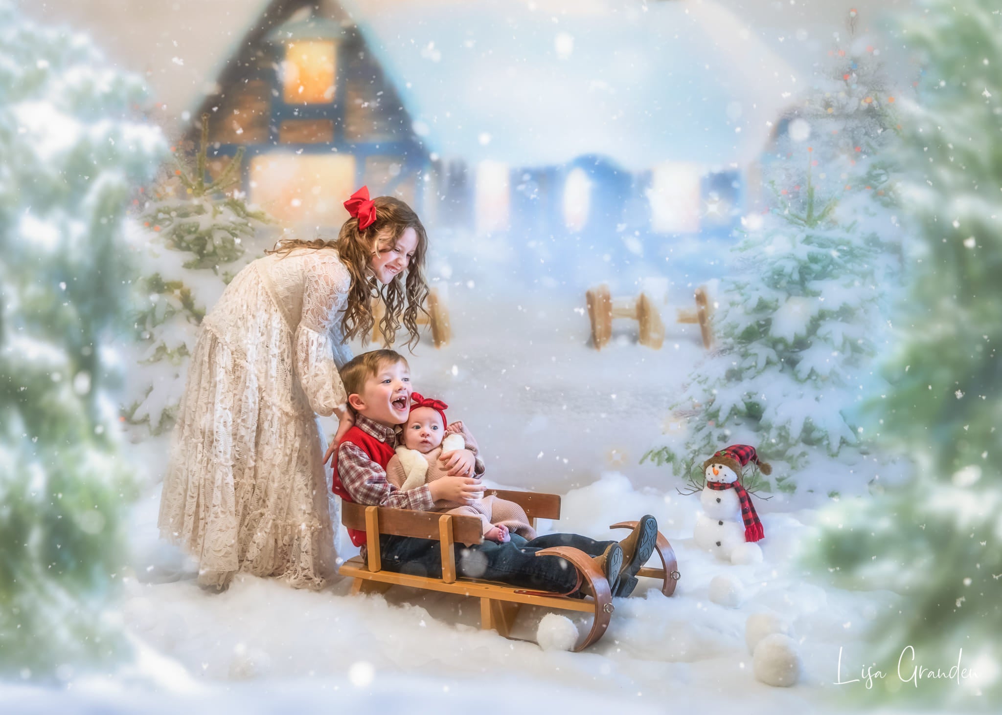 Kate Winter Christmas Snow House Tree Backdrop for Photography
