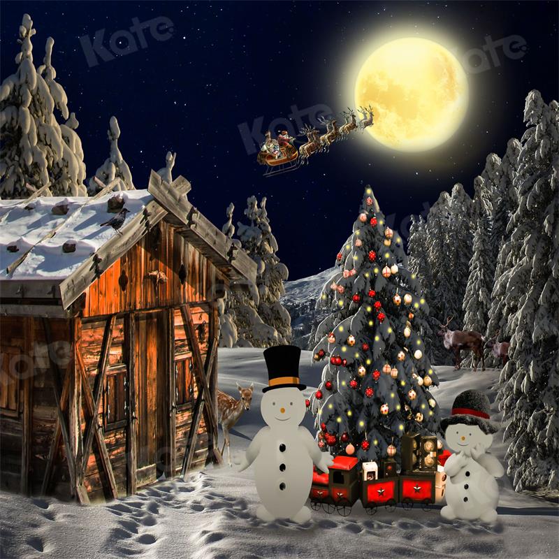 Kate Christmas Night Wooden House Tree Backdrop for Photography
