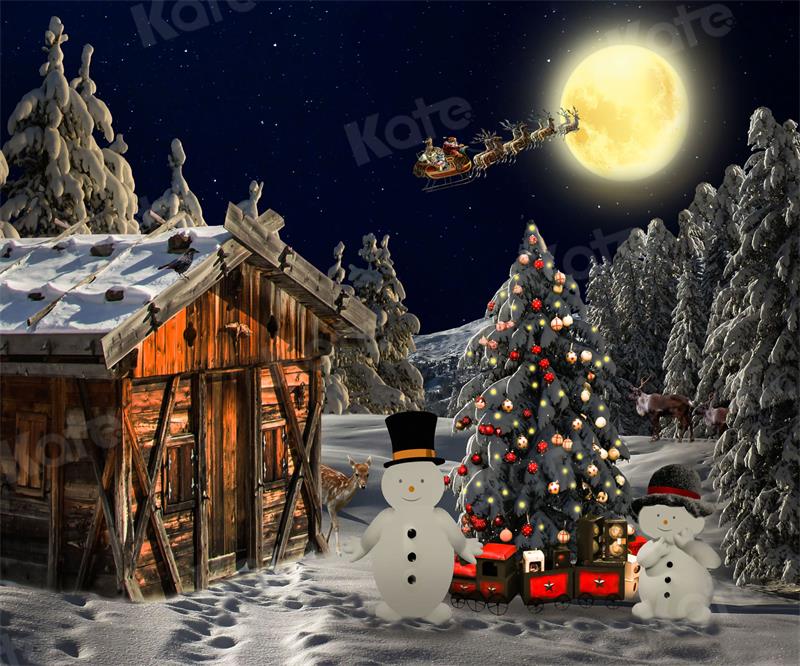 Kate Christmas Night Wooden House Tree Backdrop for Photography