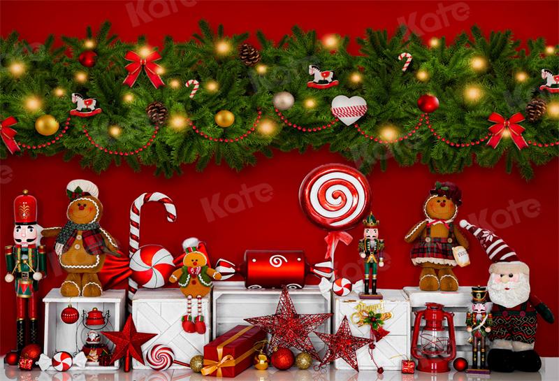 Kate Red Christmas Gingerbread Nutcracker Backdrop for Photography