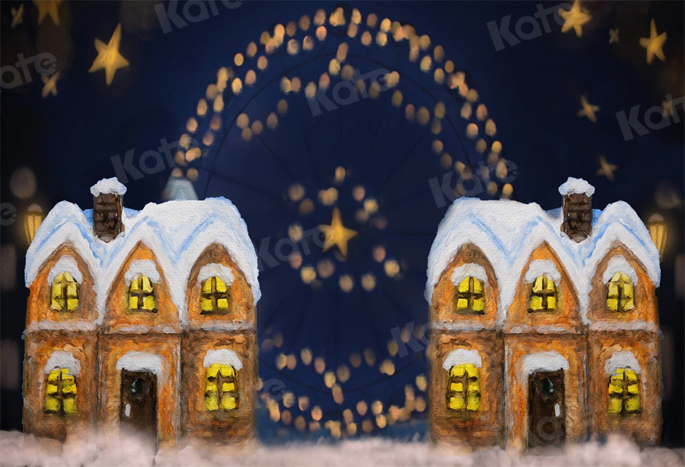 Kate Christmas Fireworks Star House Snow Backdrop for Photography