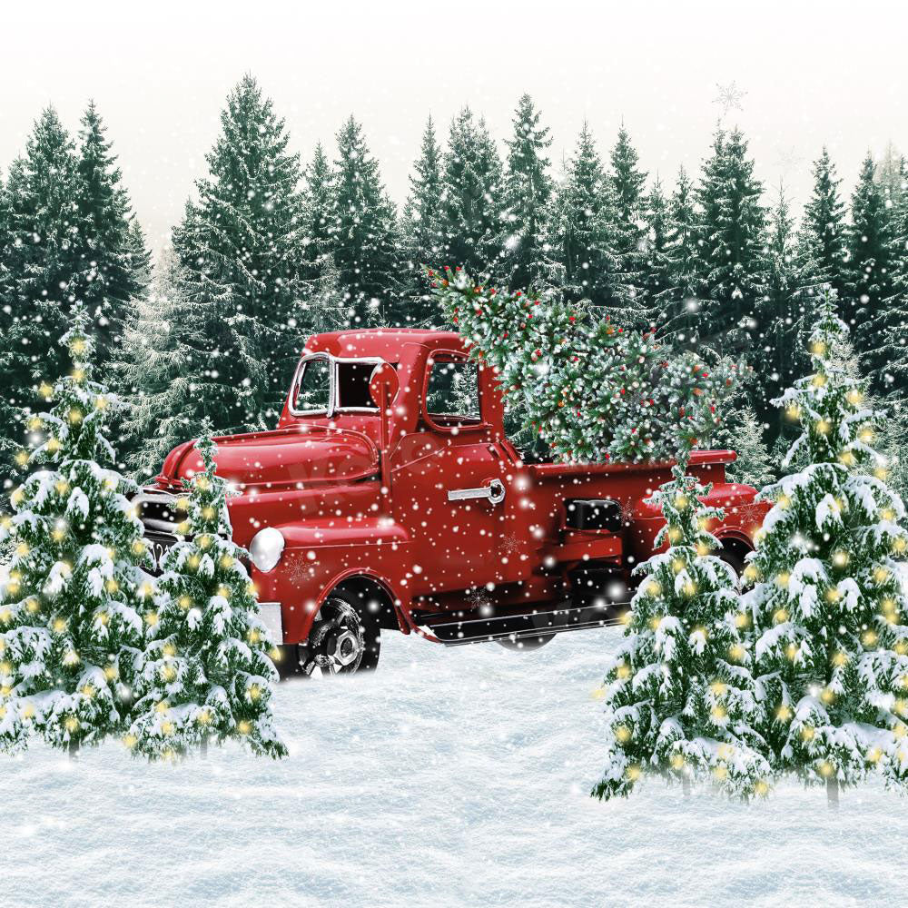 Kate Winter Christmas Red Car Forest Backdrop for Photography