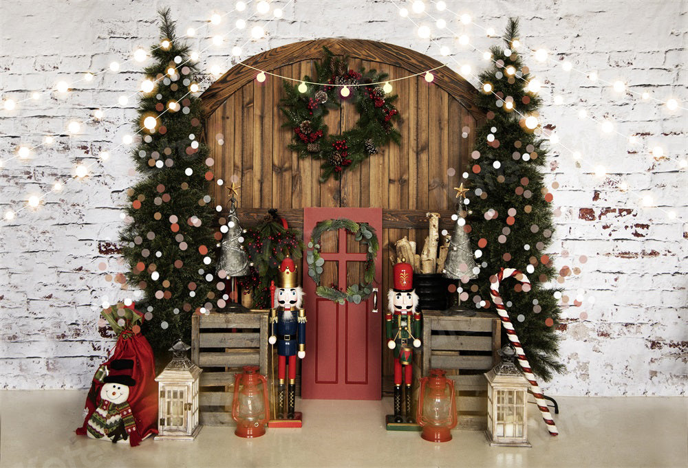 Kate Christmas Nutcracker Barn Door Brick Wall Backdrop for Photography -UK