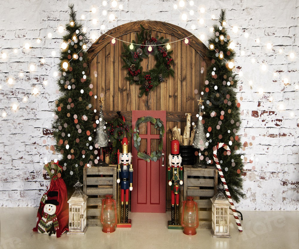 Kate Christmas Nutcracker Barn Door Brick Wall Backdrop for Photography