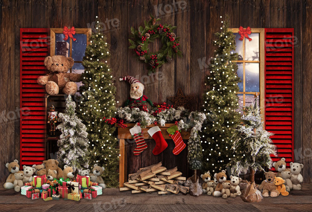 Kate Vintage Christmas Fireplace Teddy Bear Backdrop for Photography