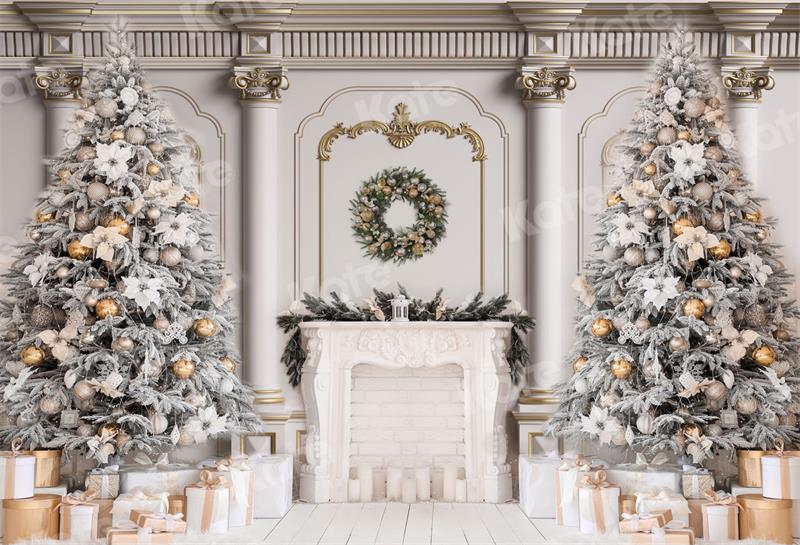 Kate Christmas Vintage Wall Trees Fireplace Backdrop for Photography