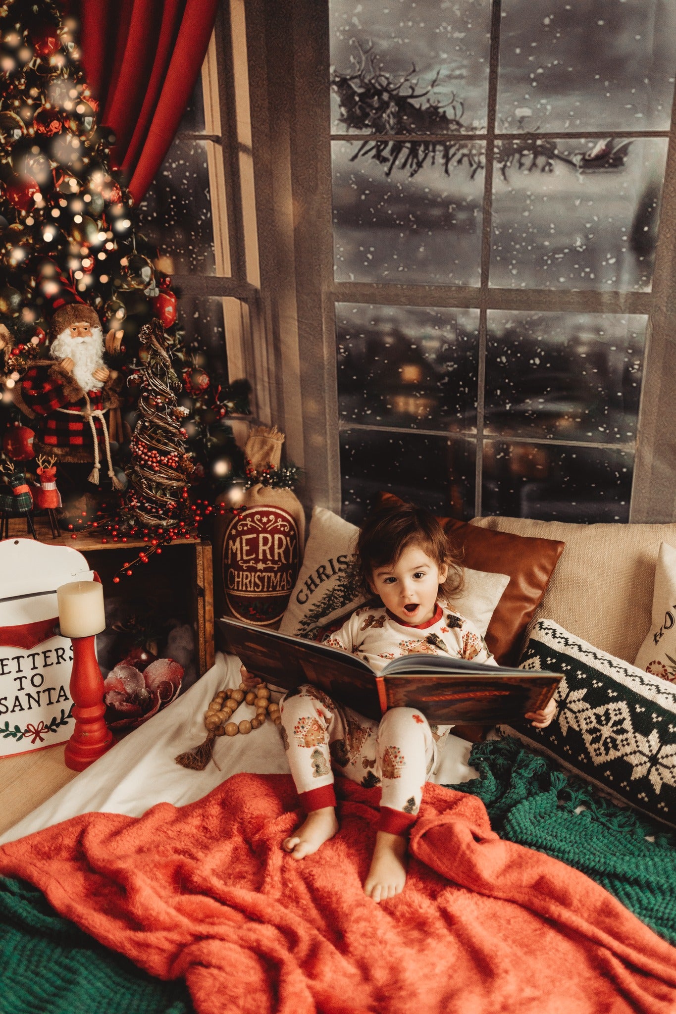 Kate Snowy Christmas Window Red Curtain Backdrop for Photography -UK