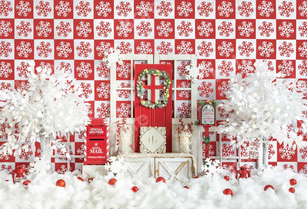 Kate Red Christmas Snow Winter Checkered Backdrop  Designed by Emetselch