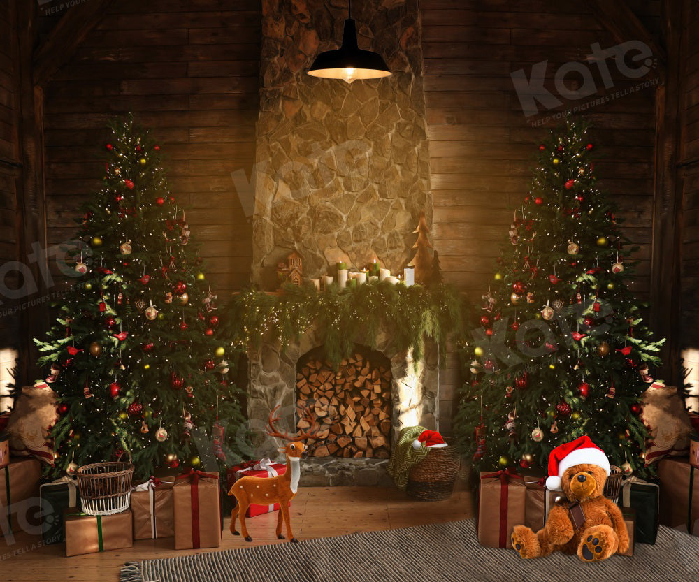 Kate Christmas Tree Fireplace Room Backdrop for Photography