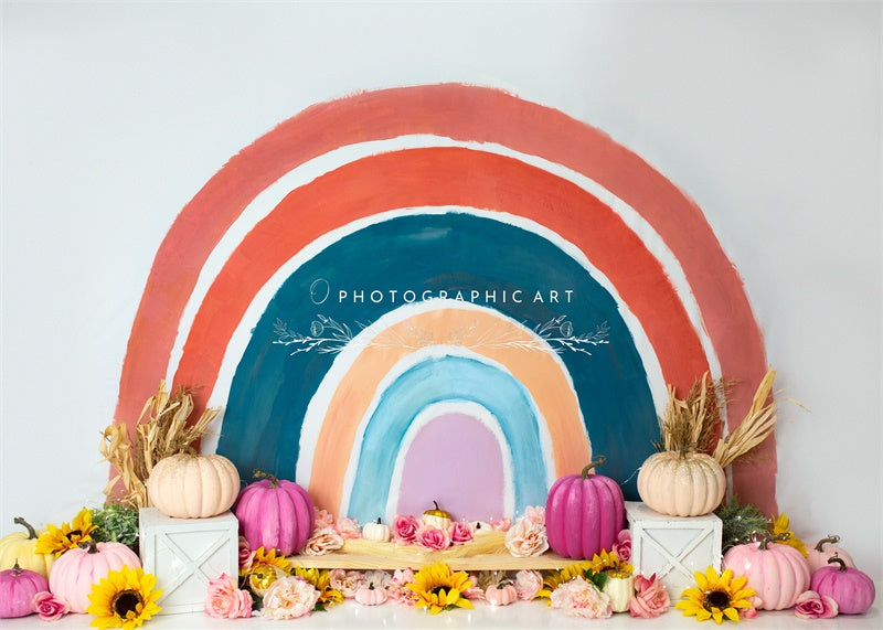 Kate Autumn Rainbow Pumpkins Backdrop for Photography Designed by Jenna Onyia -UK