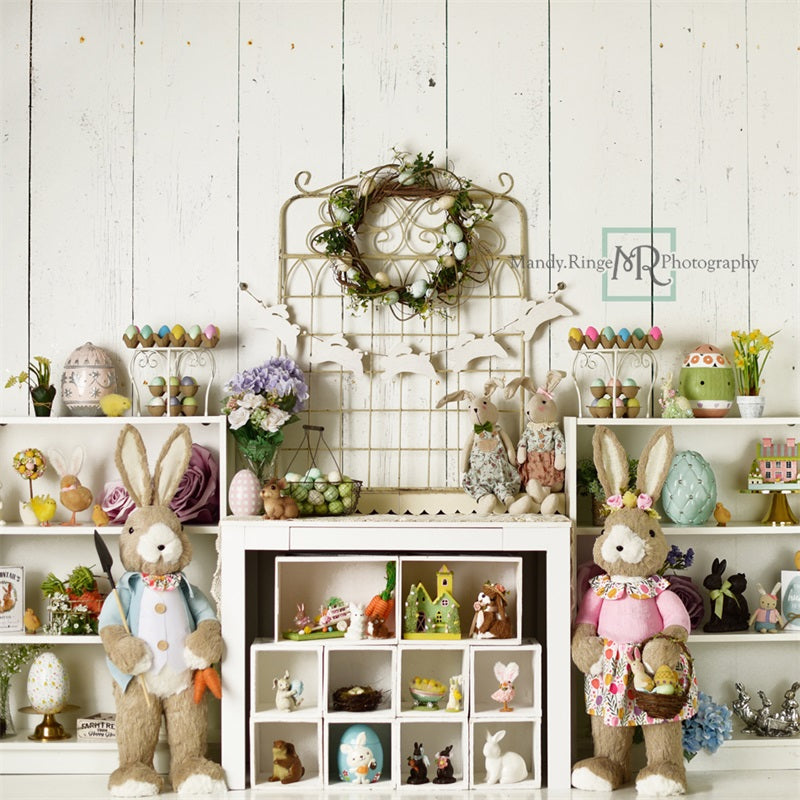 Kate Easter Decorations on Shelves Backdrop Designed by Mandy Ringe Photography