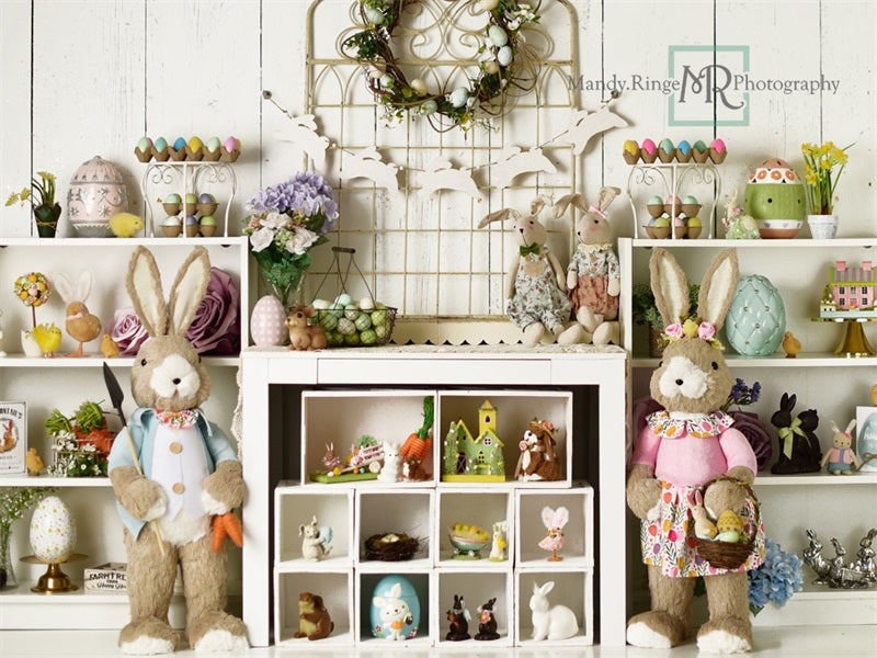 Kate Easter Decorations on Shelves Backdrop Designed by Mandy Ringe Photography