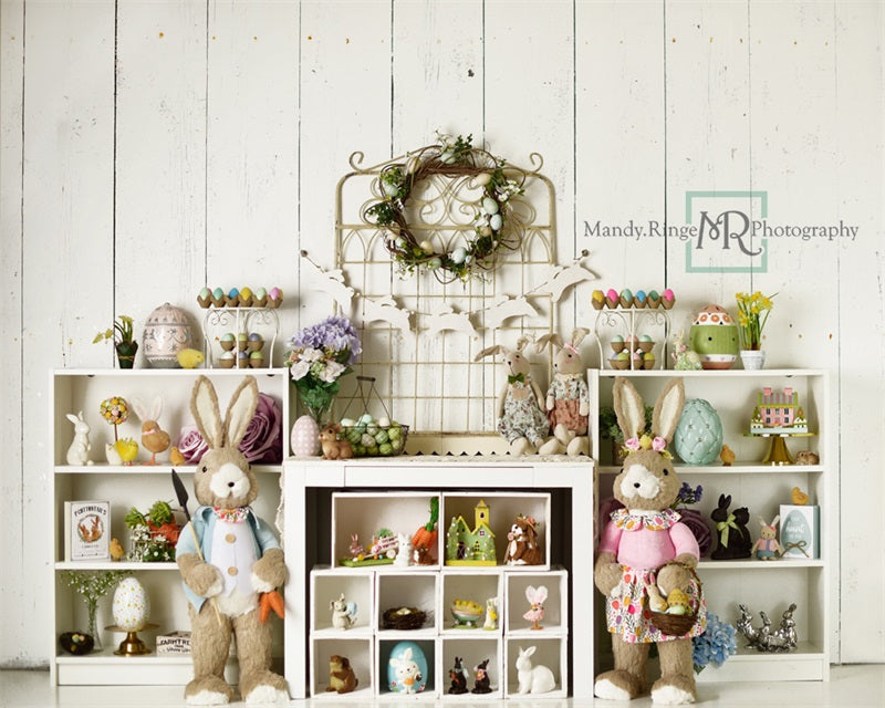 Kate Easter Decorations on Shelves Backdrop Designed by Mandy Ringe Photography
